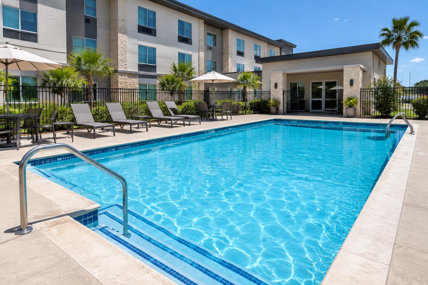 Illustrative hotel swimming pool and deck